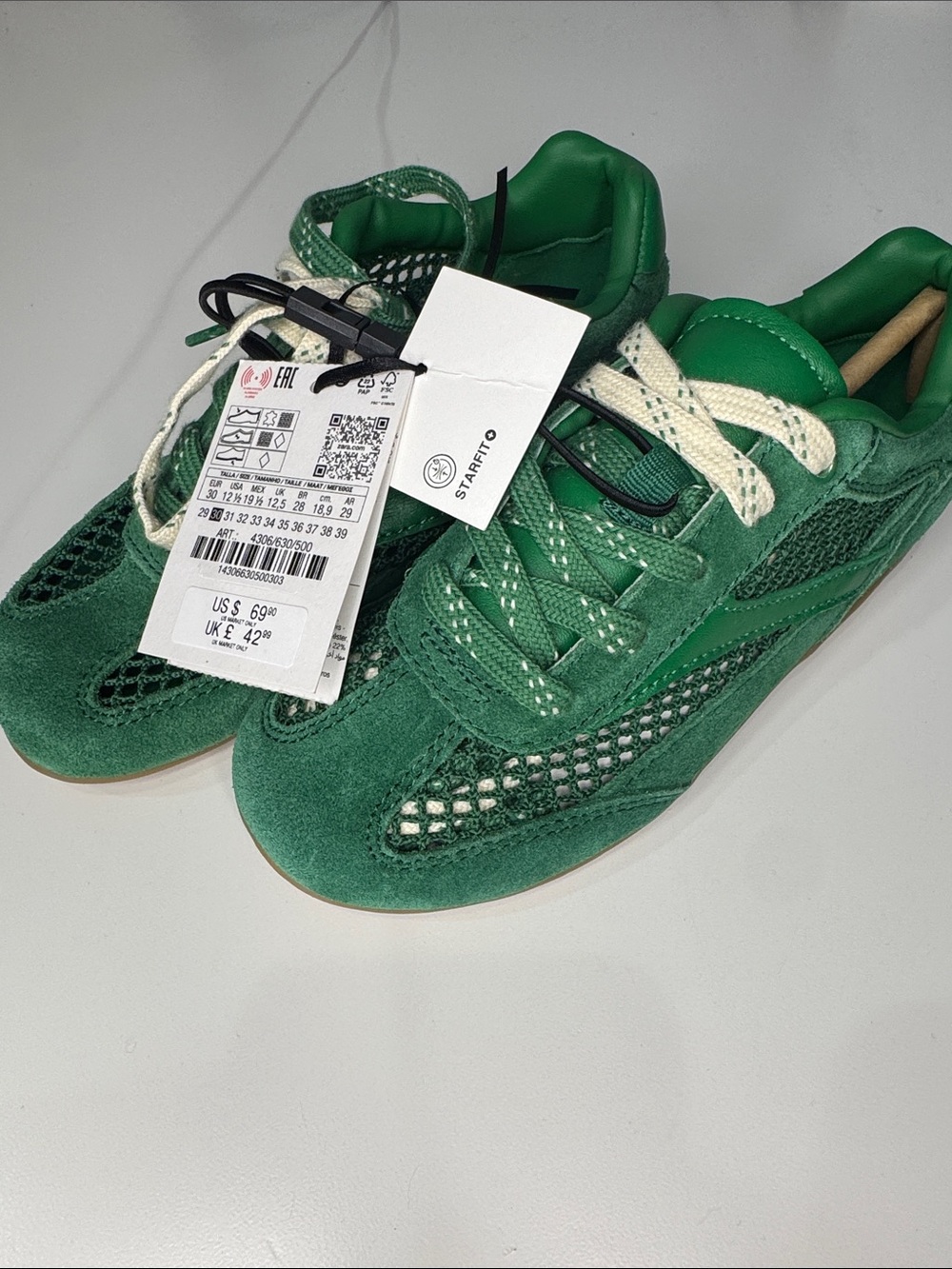 Zara Green leather Mesh Kids Sneakers with Cream Laces